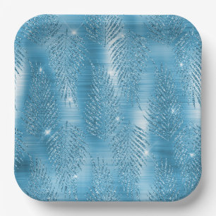 Aqua Blue Glitzy Glitter Tropical Leaves Paper Plate