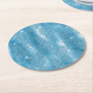 Aqua Blue Glitzy Glitter Tropical Leaves Round Paper Coaster