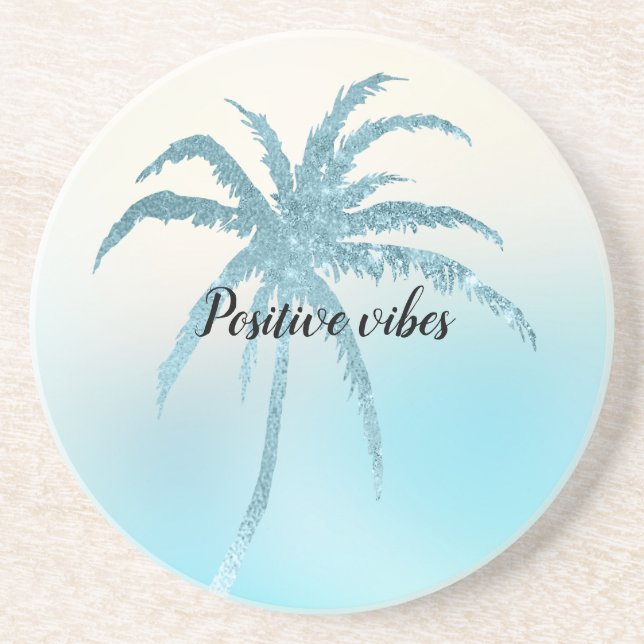 Aqua Blue Glitzy Sparkle Tropical Palm Tree Coaster (Front)