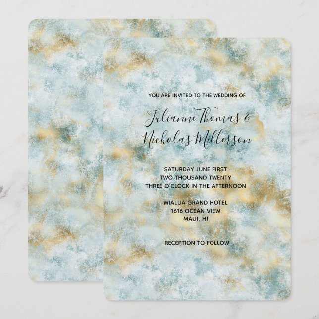 Aqua Blue Gold Abstract Invitation (Front/Back)
