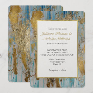 Aqua Blue Gold Abstract Wedding Invitation