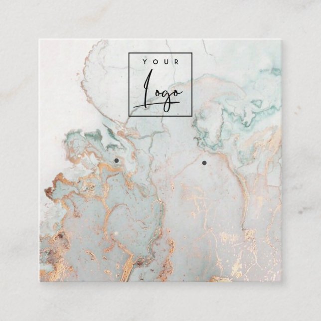 Aqua Blue Gold Agate Marble Logo Earring Display Square Business Card (Front)