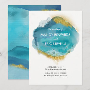 Aqua Blue & Gold beach Wedding invitation