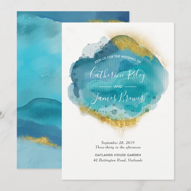 Aqua Blue & Gold beach Wedding invitation (Front/Back)
