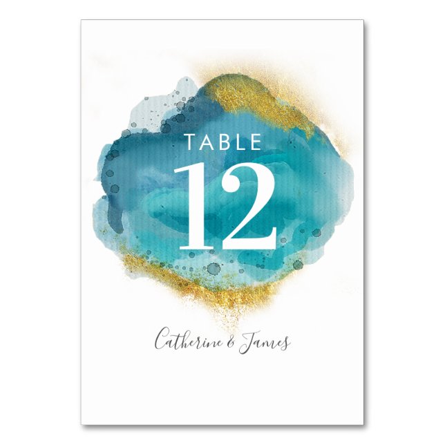 Aqua Blue & Gold Beach Wedding table cards (Front)
