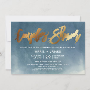 Aqua Blue Gold Brush Typography Couples Shower  Invitation