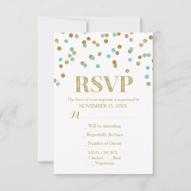Aqua Blue Gold Confetti Wedding RSVP Cards (Front)