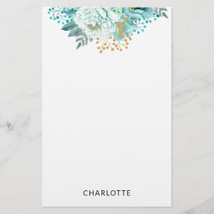  Aqua Blue Gold Floral Personalised Stationery