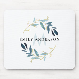AQUA BLUE GOLD FOLIAGE WATERCOLOR WREATH MONOGRAM MOUSE MAT