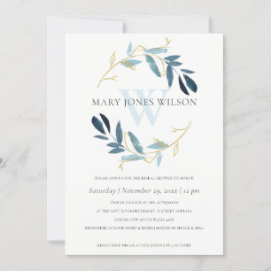 AQUA BLUE GOLD  FOLIAGE WREATH BRIDAL SHOWER CARD
