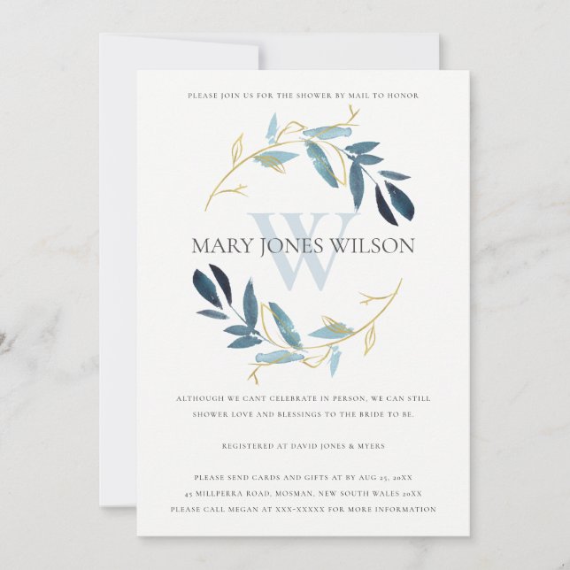 AQUA BLUE GOLD FOLIAGE WREATH SHOWER BY MAIL CARD (Front)