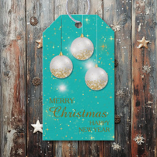 Aqua Blue Gold Glitter Christmas Bulbs Gift Tags