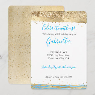 Aqua Blue Gold Glitter Confetti Animal Birthday Invitation