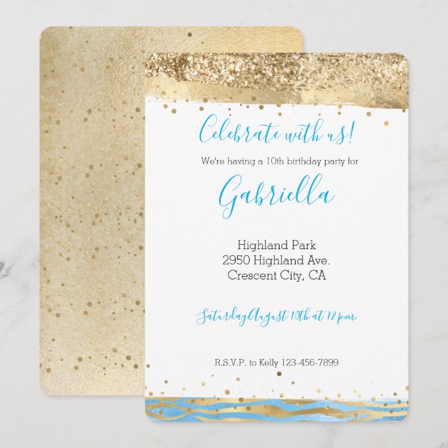 Aqua Blue Gold Glitter Confetti Animal Print Invitation (Front/Back)