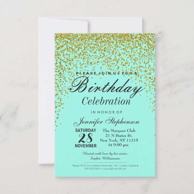 Aqua Blue Gold Glitter Confetti Birthday Party Invitation (Front)