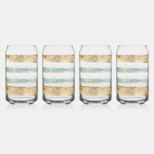Aqua Blue Gold Glitter Confetti Zebra Animal Can Glass