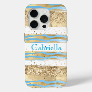 Aqua Blue Gold Glitter Confetti Zebra Animal  iPhone 15 Pro Case