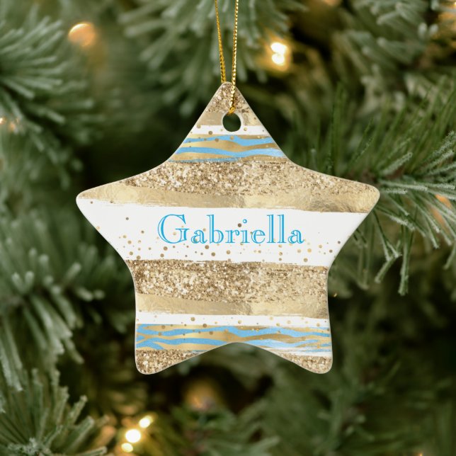 Aqua Blue Gold Glitter Confetti Zebra Animal  Ceramic Tree Decoration (Tree)