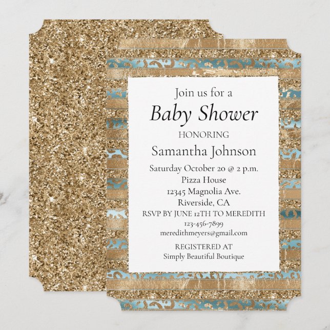 Aqua Blue Gold Glitter Leopard Print Stripes Invitation (Front/Back)