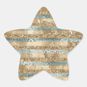 Aqua Blue Gold Glitter Leopard Print Stripes Star Sticker