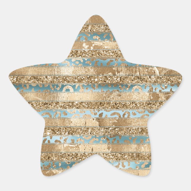 Aqua Blue Gold Glitter Leopard Print Stripes Star Sticker (Front)