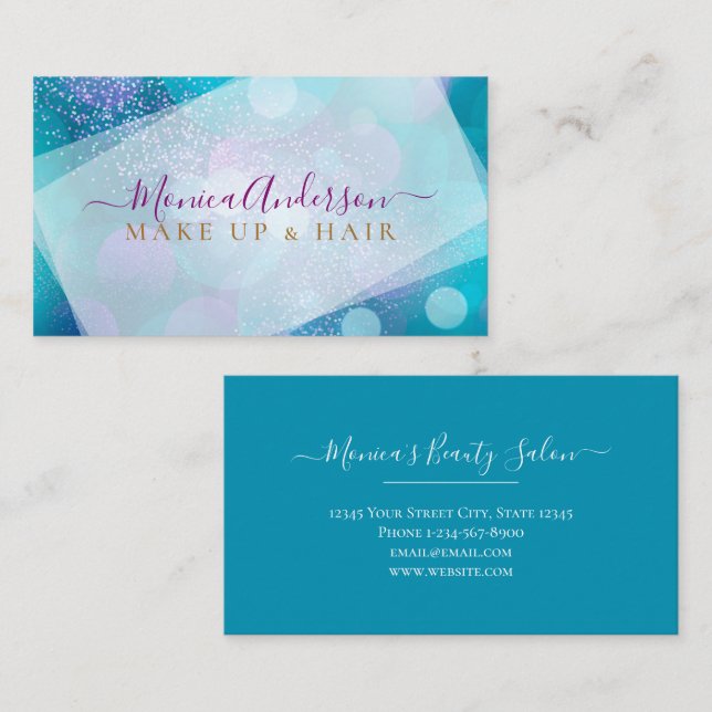 Aqua Blue Gold Glitter Makeup Artist Hair Salon Business Card (Front/Back)