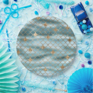 Aqua Blue Gold Glitter Mermaid Paper Plate