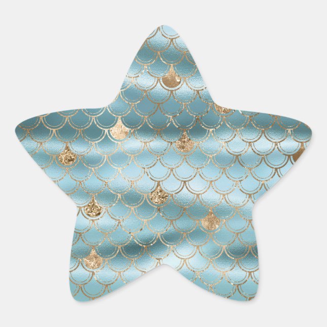 Aqua Blue Gold Glitter Mermaid Star Sticker (Front)