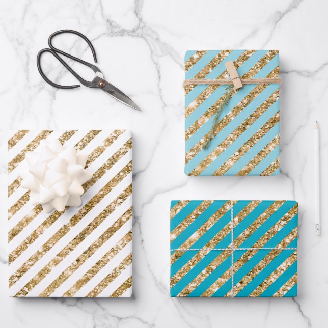 Aqua Blue Gold Glitter Stripes Wrapping Paper Sheet (Front)