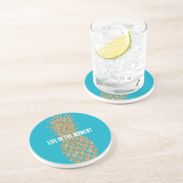 Aqua Blue Gold Glitter Tropical Pineapple Coaster (Side)