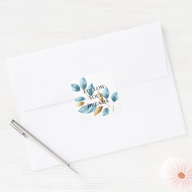 Aqua Blue Gold Leaves Square Sticker (Envelope)