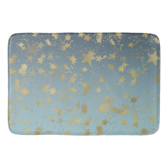 Aqua Blue Gold Ombre Stars Bath Mat (Front)