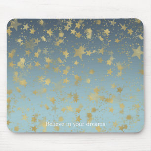 Aqua Blue Gold Ombre Stars Believe in your Dreams Mouse Mat