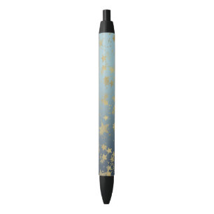 Aqua Blue Gold Ombre Stars Black Ink Pen