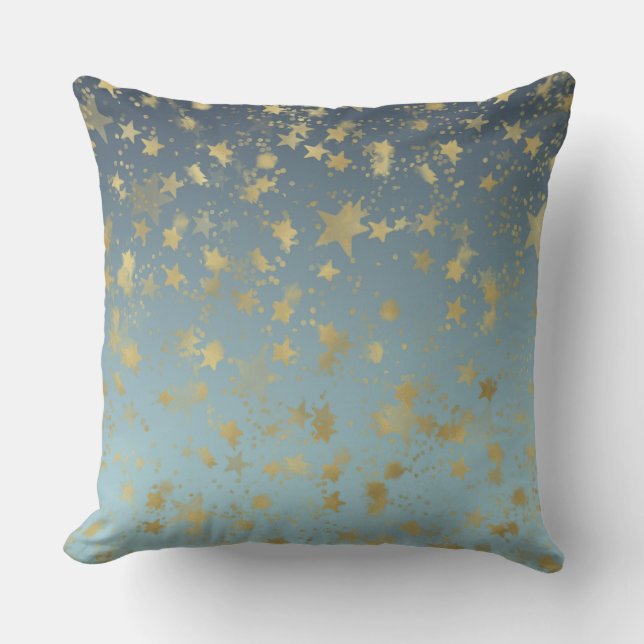 Aqua Blue Gold Ombre Stars Cushion (Front)