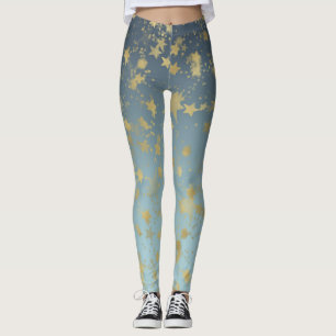 Aqua Blue Gold Ombre Stars Leggings