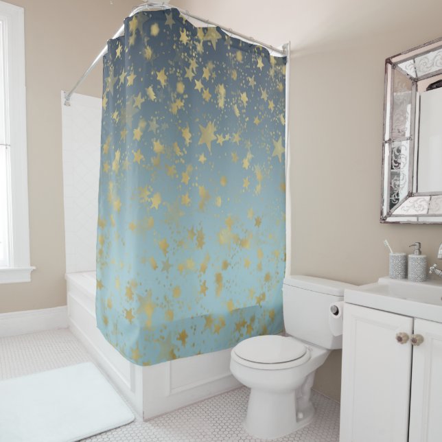 Aqua Blue Gold Ombre Stars Shower Curtain (In Situ)
