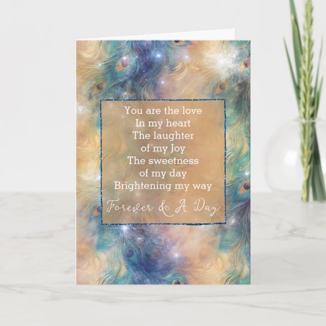 Aqua Blue Gold Peacock Forever Poem Card (Front)