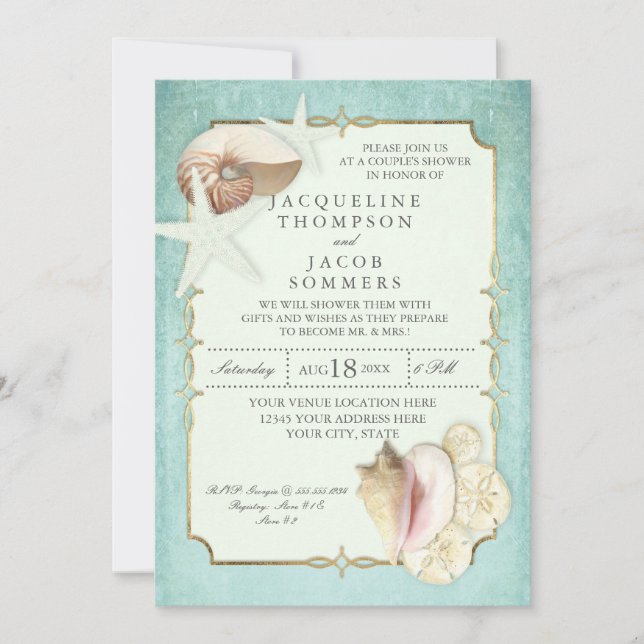 Aqua Blue Gold Scroll Beach Ocean Shell Starfish Invitation (Front)