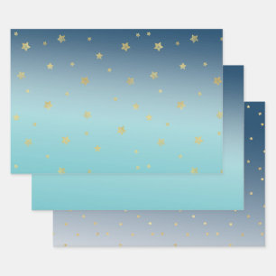 Aqua Blue Gold Stars Wrapping Paper Sheet
