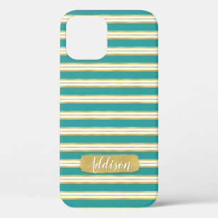 Aqua Blue Gold Stripe Pattern Custom Name iPhone 12 Case