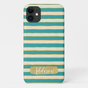 Aqua Blue Gold Stripe Pattern Custom Name iPhone 11 Case
