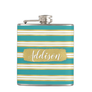 Aqua Blue Gold Stripe Pattern Custom Name Hip Flask