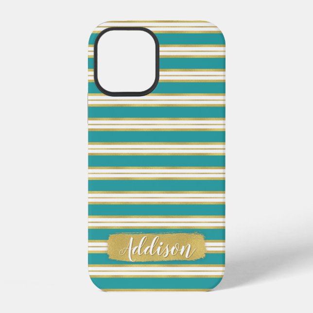 Aqua Blue Gold Stripe Pattern Custom Name iPhone Case (Back)