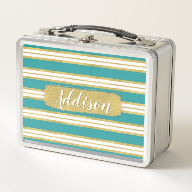 Aqua Blue Gold Stripe Pattern Custom Name Metal Lunch Box (Front)