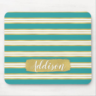 Aqua Blue Gold Stripe Pattern Custom Name Mouse Mat