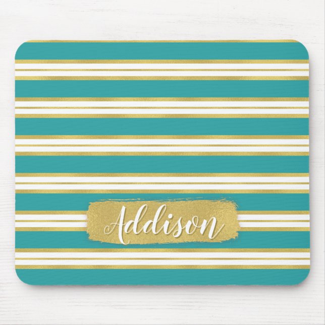 Aqua Blue Gold Stripe Pattern Custom Name Mouse Mat (Front)