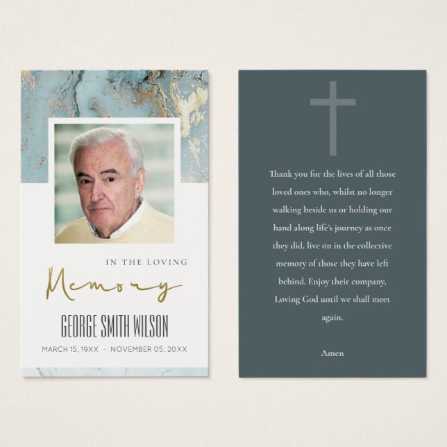 AQUA BLUE GOLD SYMPATHY MEMORIAL PRAYER PHOTO CARD (Front & Back)