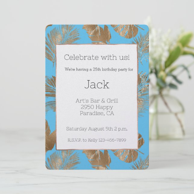 Aqua Blue Gold Tropical Leaves Birthday Invitation (Standing Front)
