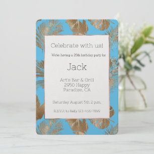 Aqua Blue Gold Tropical Leaves Birthday Invitation